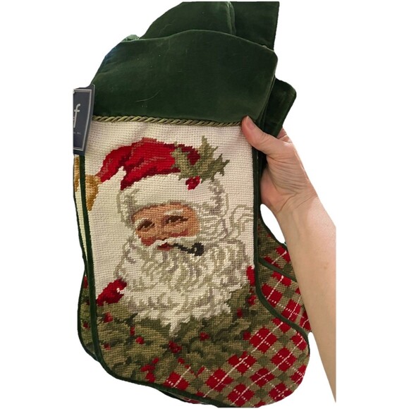 4 New With Tags, Wool and Velvet Needlepoint Christmas Stockings Old World Santa - Picture 1 of 16